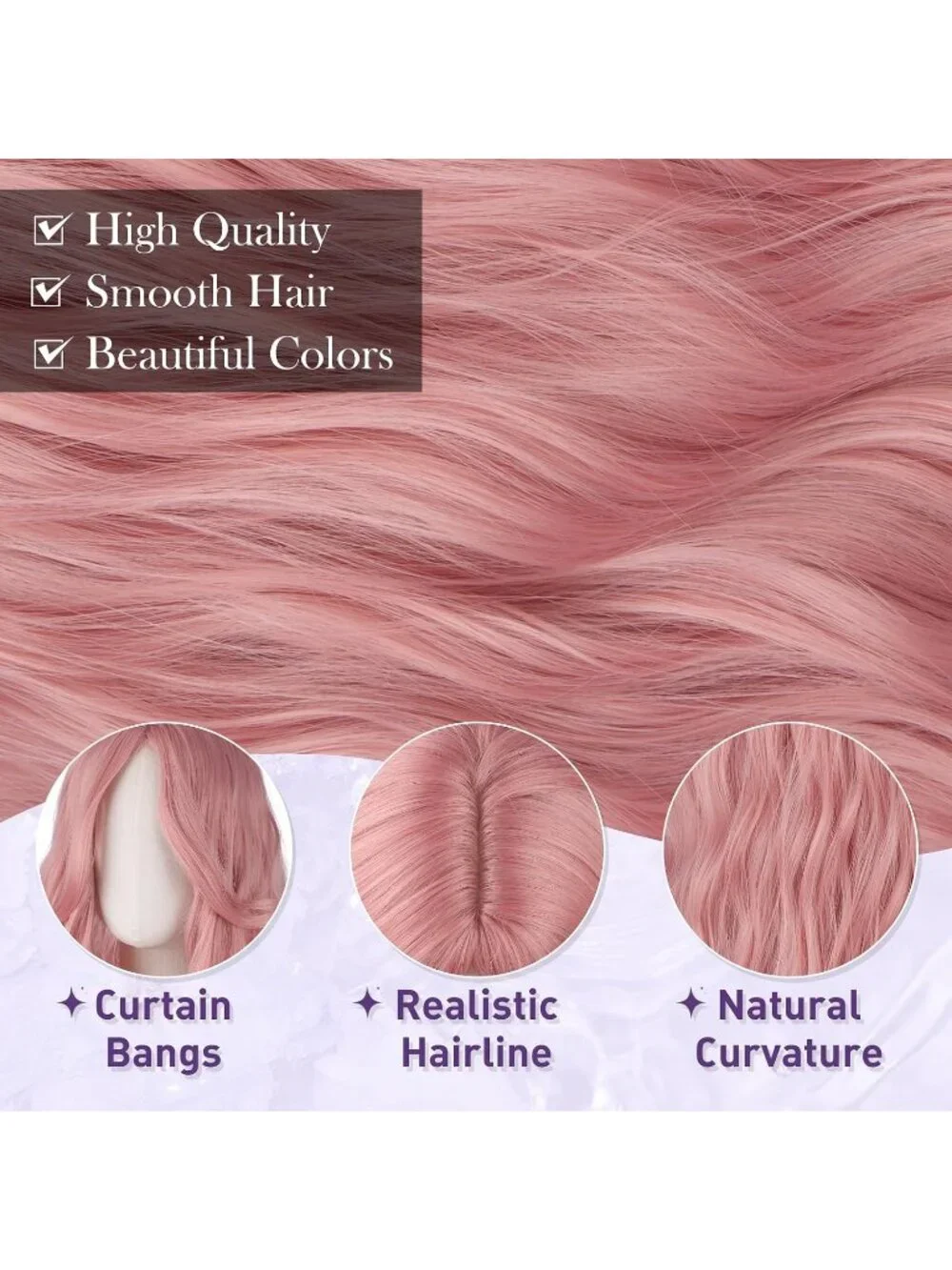 Women's Pink 26 Inch Heat Resistant Curtain Bangs Long Wavy Wigs